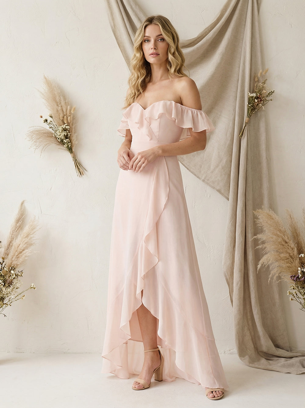 Ruffles Chiffon Off Shoulder Maxi Bridesmaid Dresses with Slit