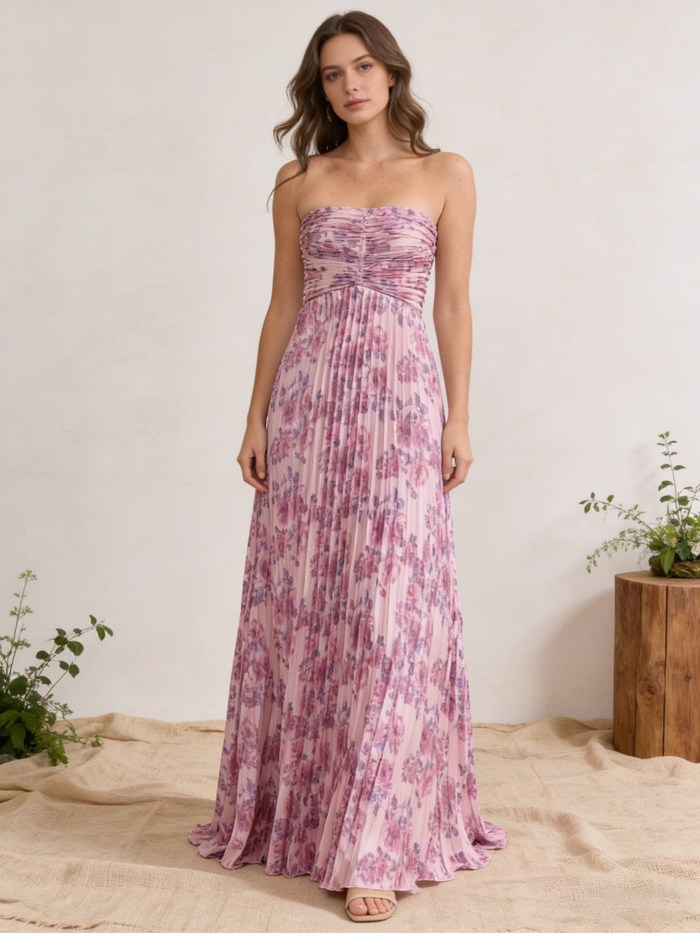 Chiffon Strapless Pleated Maxi Wedding Guest Dresses with Floral