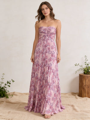 Chiffon Strapless Pleated Maxi Wedding Guest Dresses with Floral