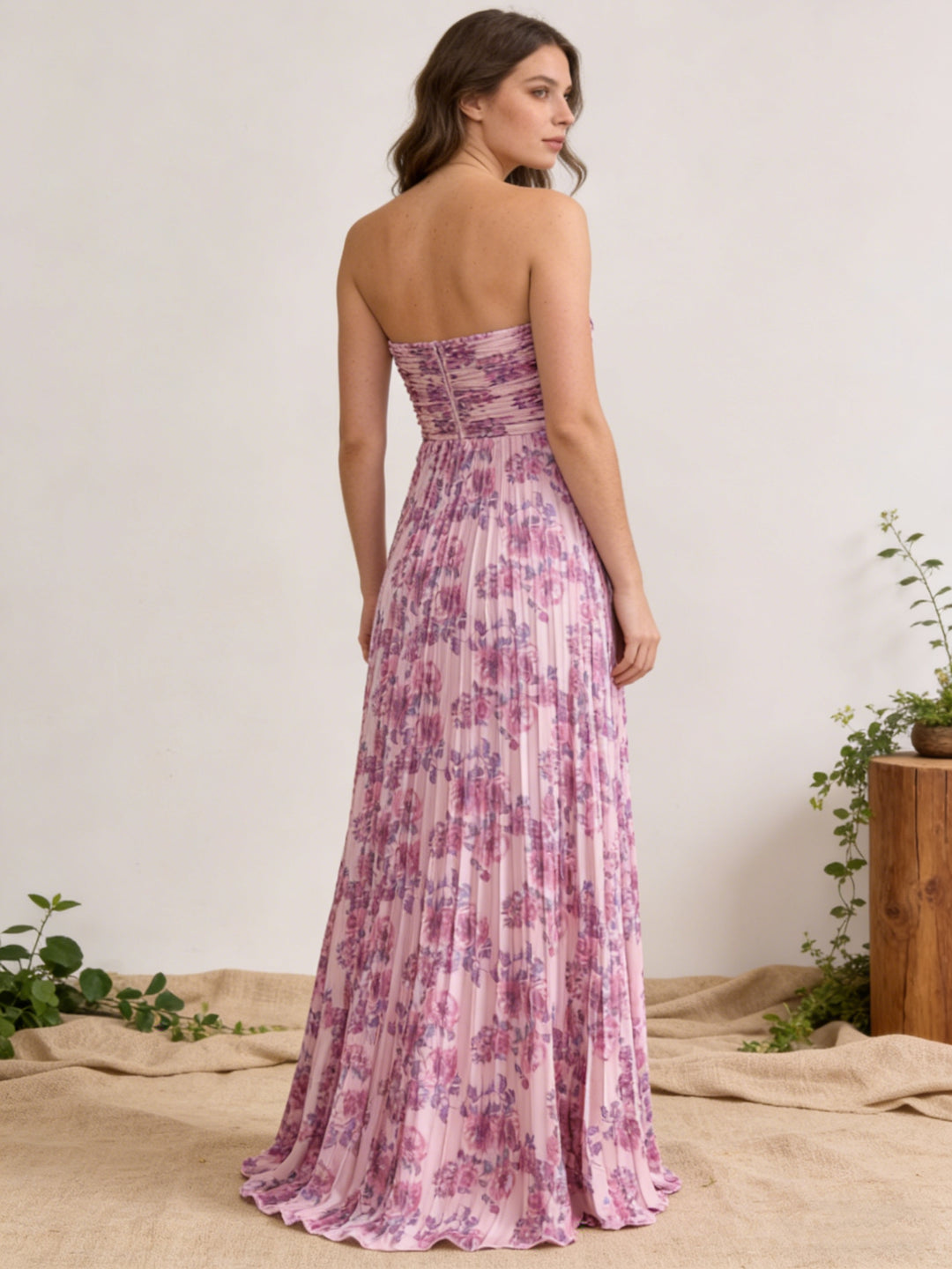 Chiffon Strapless Pleated Maxi Formal Dresses with Floral