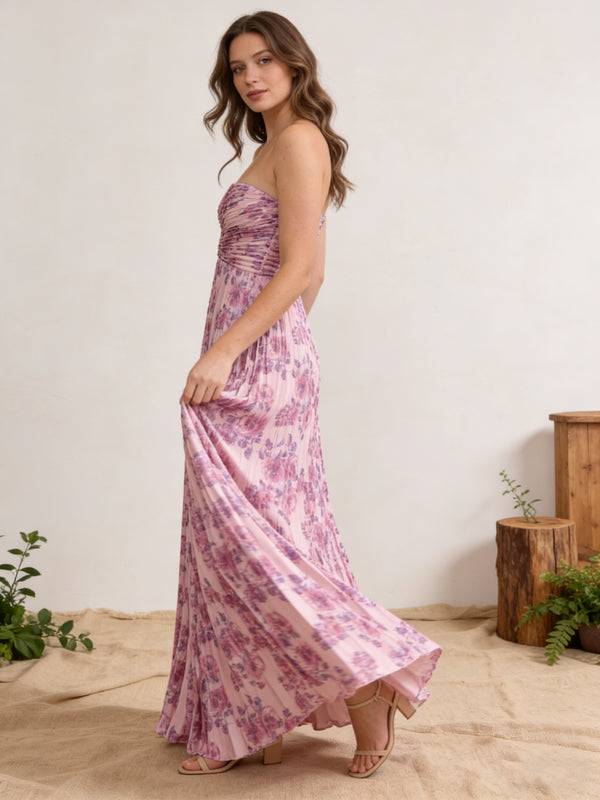 Chiffon Strapless Pleated Maxi Wedding Guest Dresses with Floral