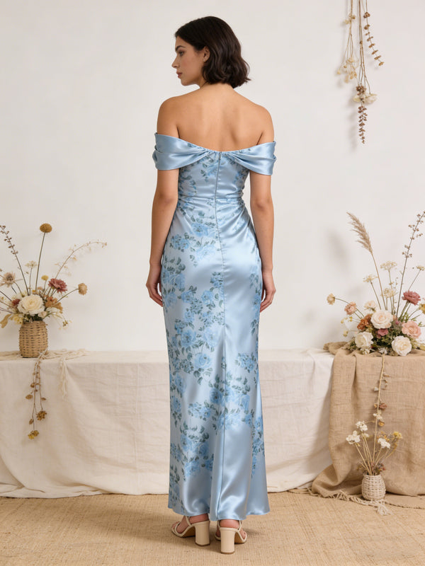 Satin Off Shoulder Mermaid Bridesmaid Dresses Maxi Wedding Guest Gowns with Floral