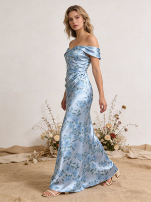 Satin Off Shoulder Mermaid Bridesmaid Dresses Maxi Wedding Guest Gowns with Floral