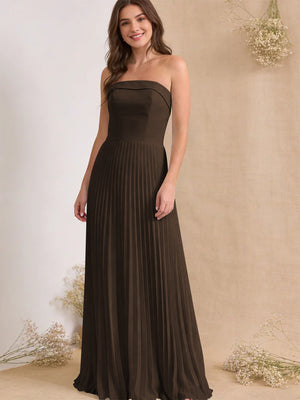 Chiffon Pleated Strapless A Line Maxi Bridesmaid Dresses