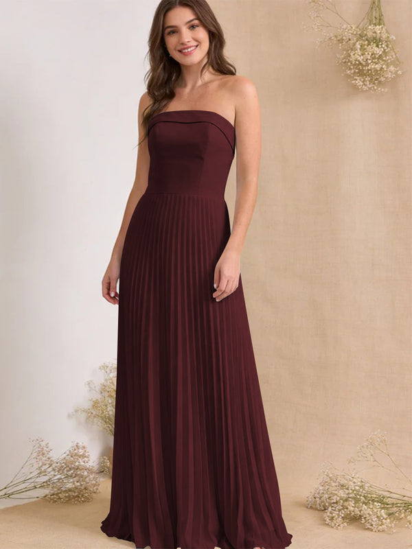 Chiffon Pleated Strapless A Line Maxi Bridesmaid Dresses