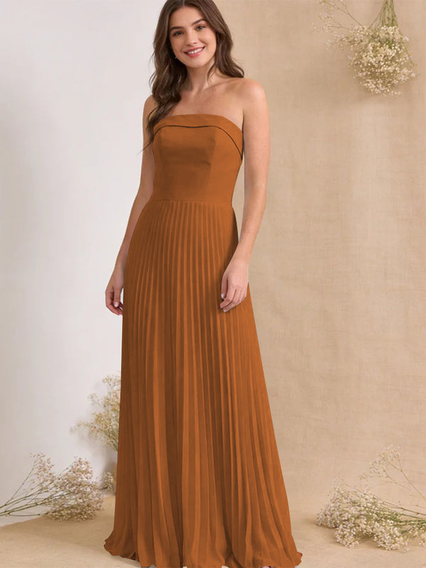 Chiffon Pleated Strapless A Line Maxi Bridesmaid Dresses