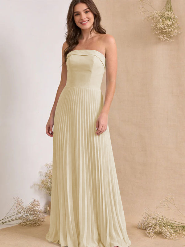 Chiffon Pleated Strapless A Line Maxi Bridesmaid Dresses