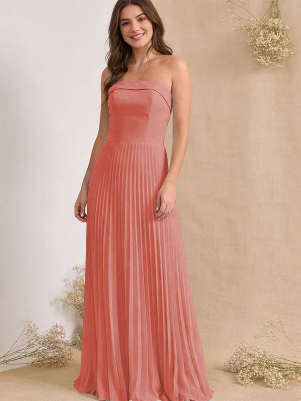 Chiffon Pleated Strapless A Line Maxi Bridesmaid Dresses