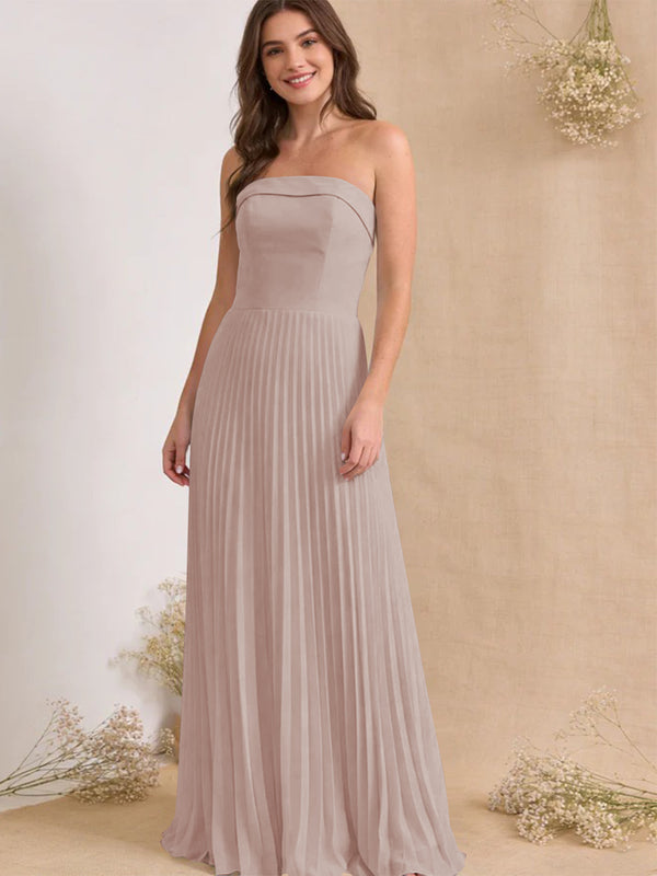 Chiffon Pleated Strapless A Line Maxi Bridesmaid Dresses
