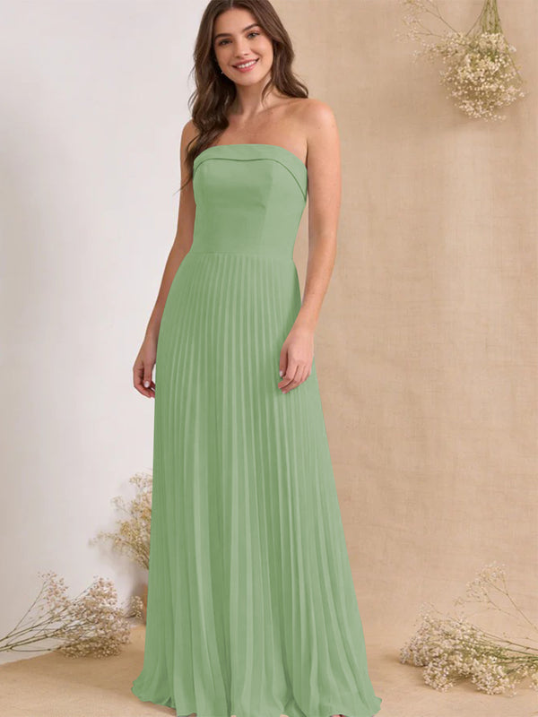 Chiffon Pleated Strapless A Line Maxi Bridesmaid Dresses