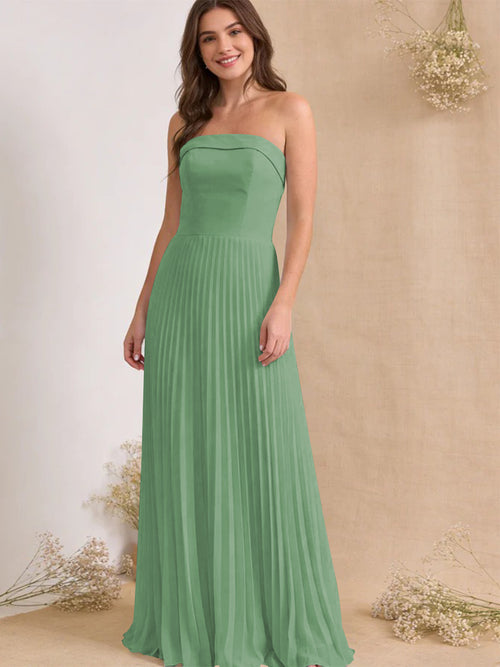 Chiffon Pleated Strapless A Line Maxi Bridesmaid Dresses