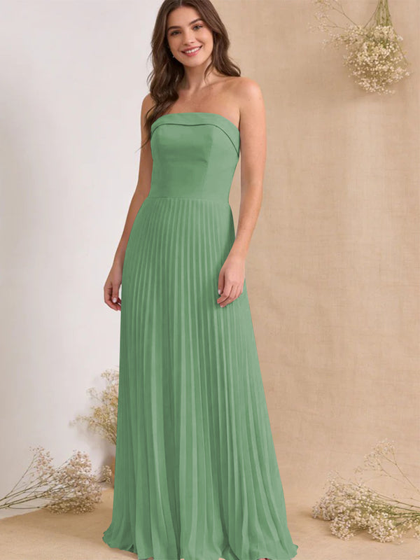 Chiffon Pleated Strapless A Line Maxi Bridesmaid Dresses