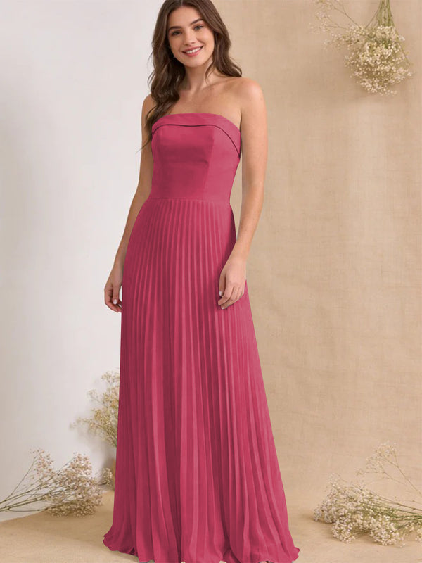 Chiffon Pleated Strapless A Line Maxi Bridesmaid Dresses