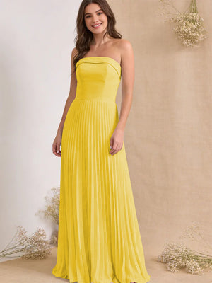 Chiffon Pleated Strapless A Line Maxi Bridesmaid Dresses