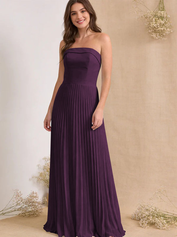 Chiffon Pleated Strapless A Line Maxi Bridesmaid Dresses