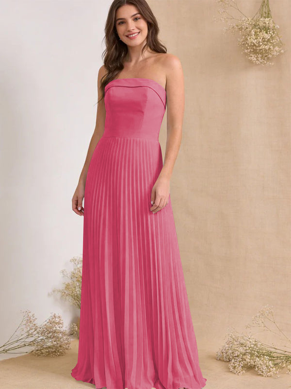 Chiffon Pleated Strapless A Line Maxi Bridesmaid Dresses