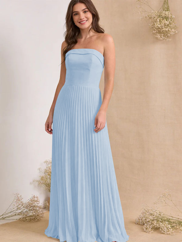 Chiffon Pleated Strapless A Line Maxi Bridesmaid Dresses