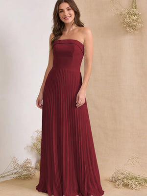 Chiffon Pleated Strapless A Line Maxi Bridesmaid Dresses