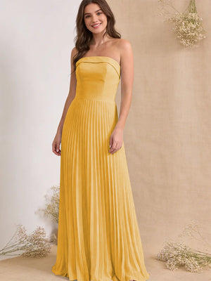 Chiffon Pleated Strapless A Line Maxi Bridesmaid Dresses