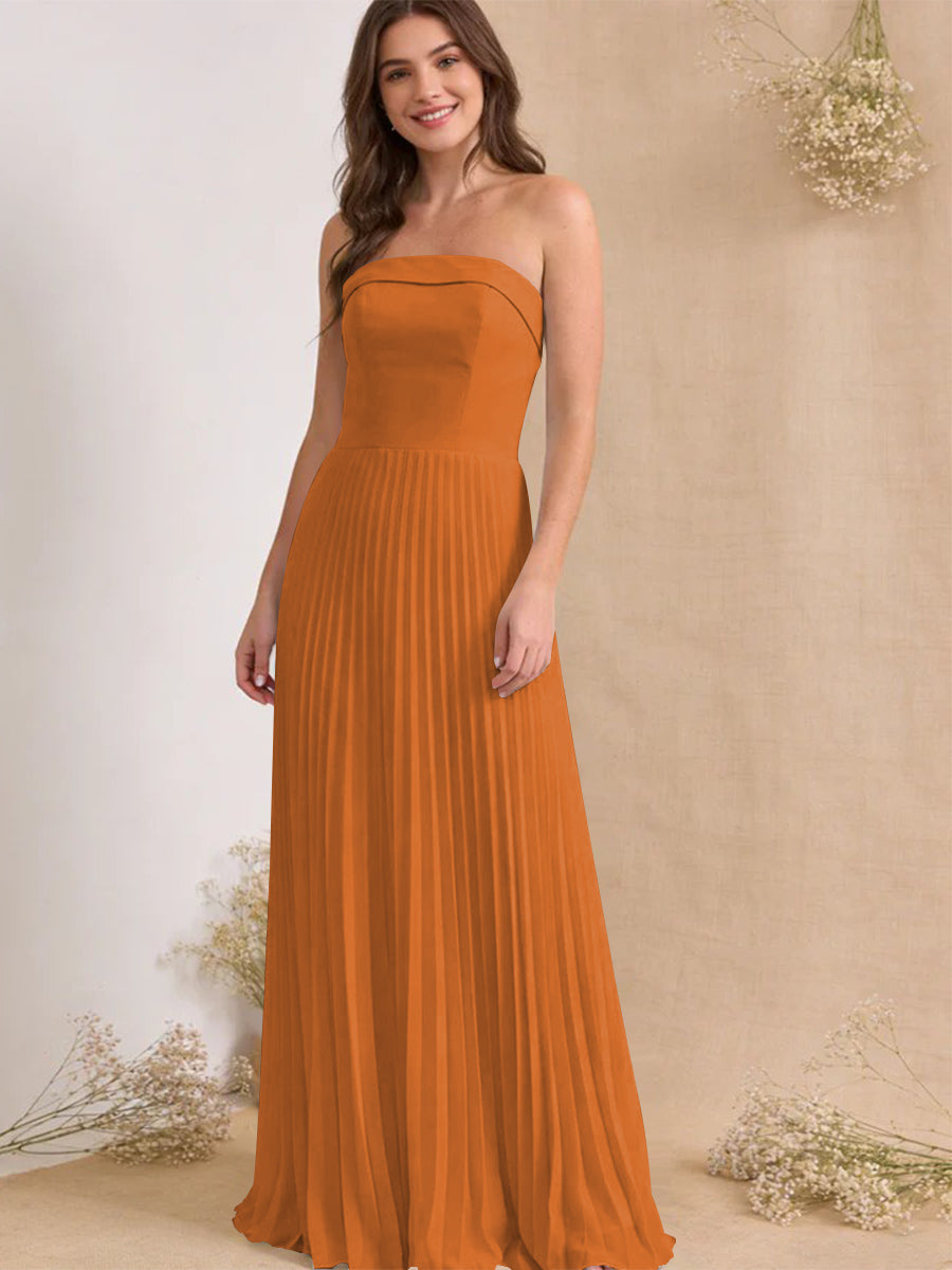 Chiffon Pleated Strapless A Line Maxi Bridesmaid Dresses