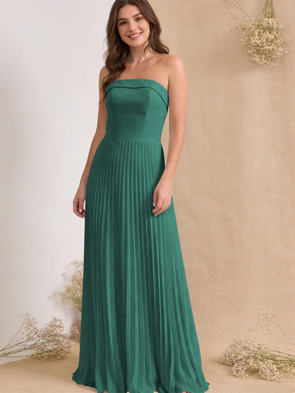 Chiffon Pleated Strapless A Line Maxi Bridesmaid Dresses
