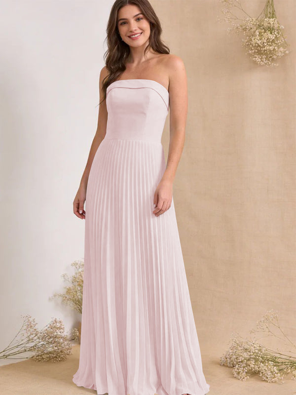 Chiffon Pleated Strapless A Line Maxi Bridesmaid Dresses