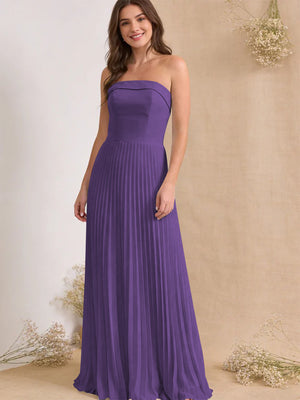 Chiffon Pleated Strapless A Line Maxi Bridesmaid Dresses