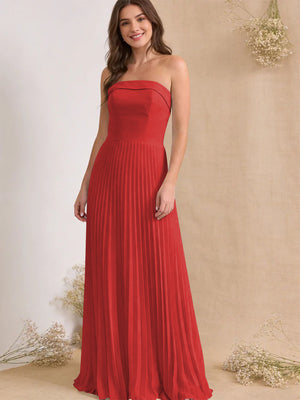 Chiffon Pleated Strapless A Line Maxi Bridesmaid Dresses