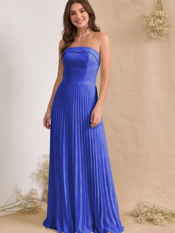 Chiffon Pleated Strapless A Line Maxi Bridesmaid Dresses