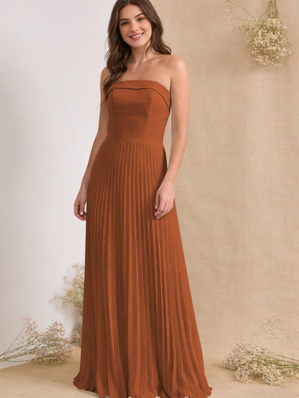 Chiffon Pleated Strapless A Line Maxi Bridesmaid Dresses