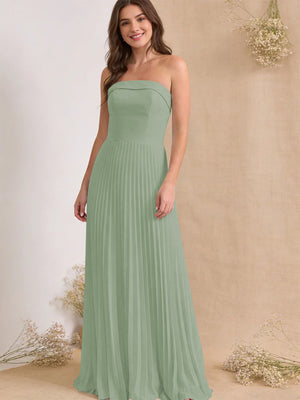 Chiffon Pleated Strapless A Line Maxi Bridesmaid Dresses