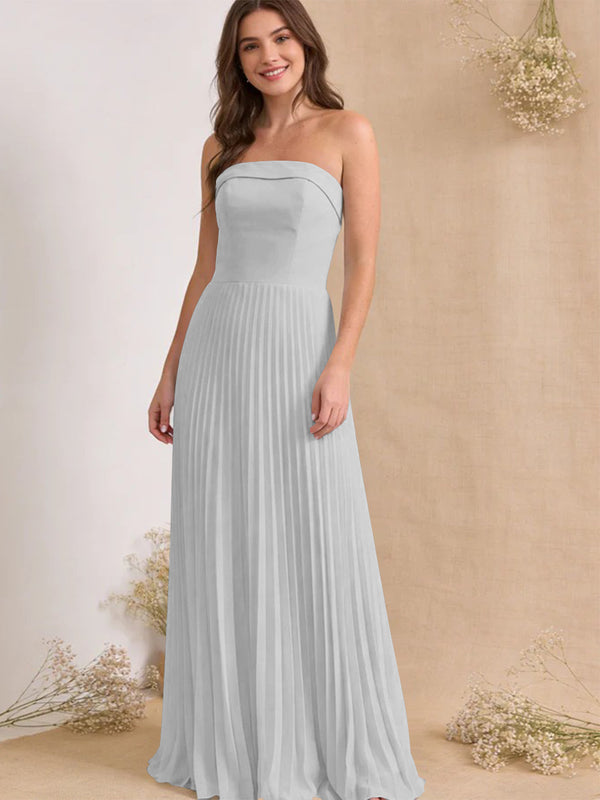 Chiffon Pleated Strapless A Line Maxi Bridesmaid Dresses