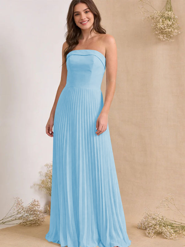 Chiffon Pleated Strapless A Line Maxi Bridesmaid Dresses
