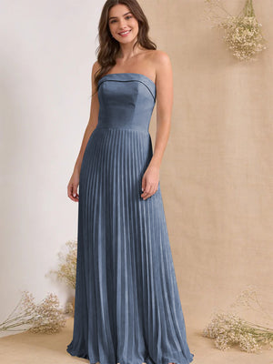 Chiffon Pleated Strapless A Line Maxi Bridesmaid Dresses