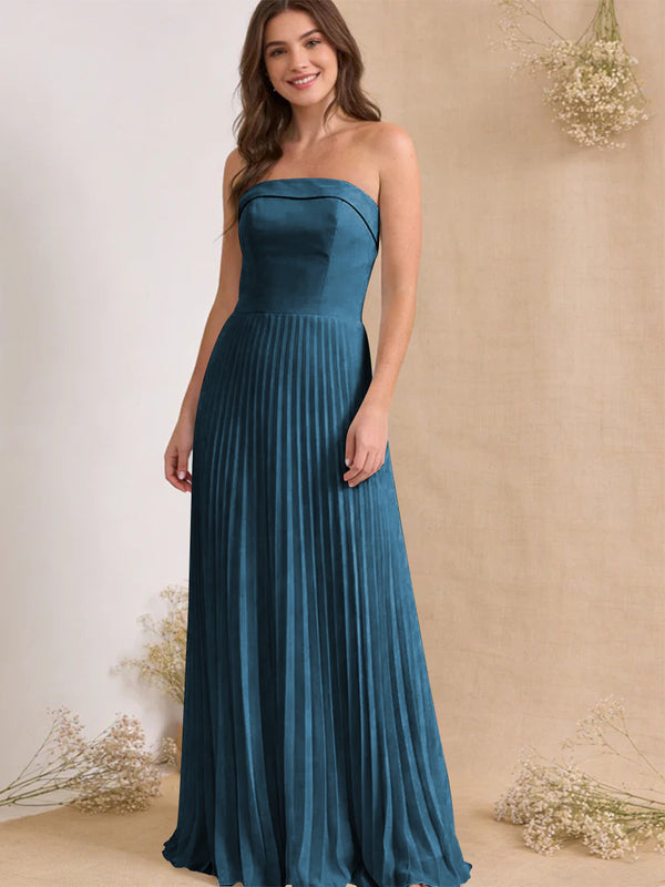 Chiffon Pleated Strapless A Line Maxi Bridesmaid Dresses
