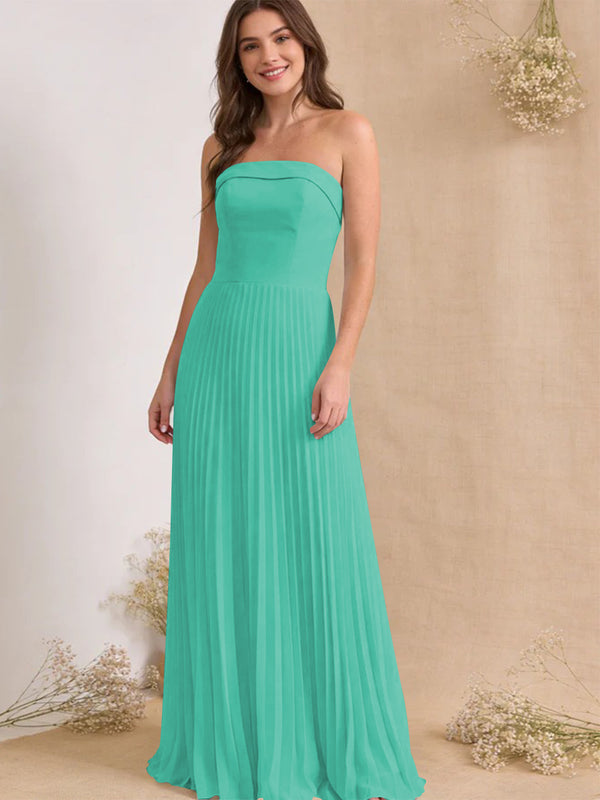 Chiffon Pleated Strapless A Line Maxi Bridesmaid Dresses