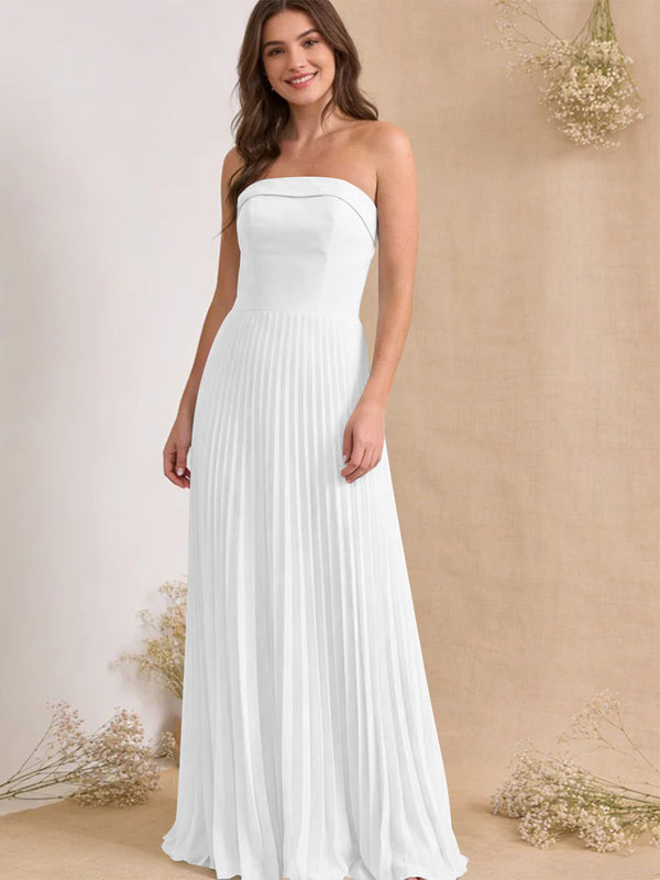 Chiffon Pleated Strapless A Line Maxi Bridesmaid Dresses