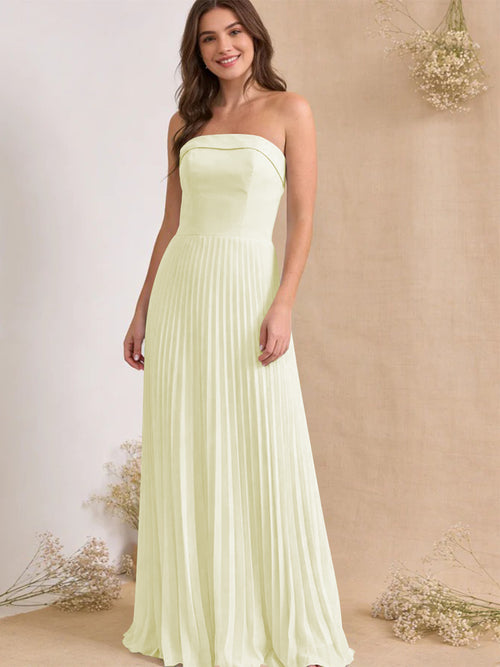 Chiffon Pleated Strapless A Line Maxi Bridesmaid Dresses