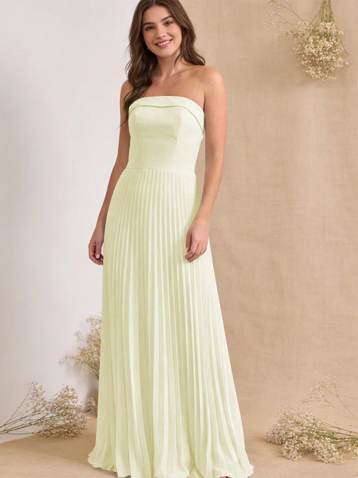 Chiffon Pleated Strapless A Line Maxi Bridesmaid Dresses