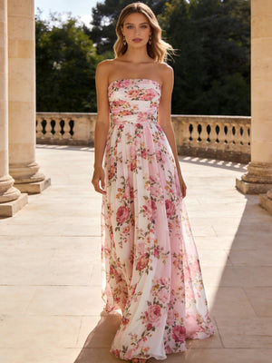 Strapless Pleated Floral Print A Line Wedding Guest Dresses