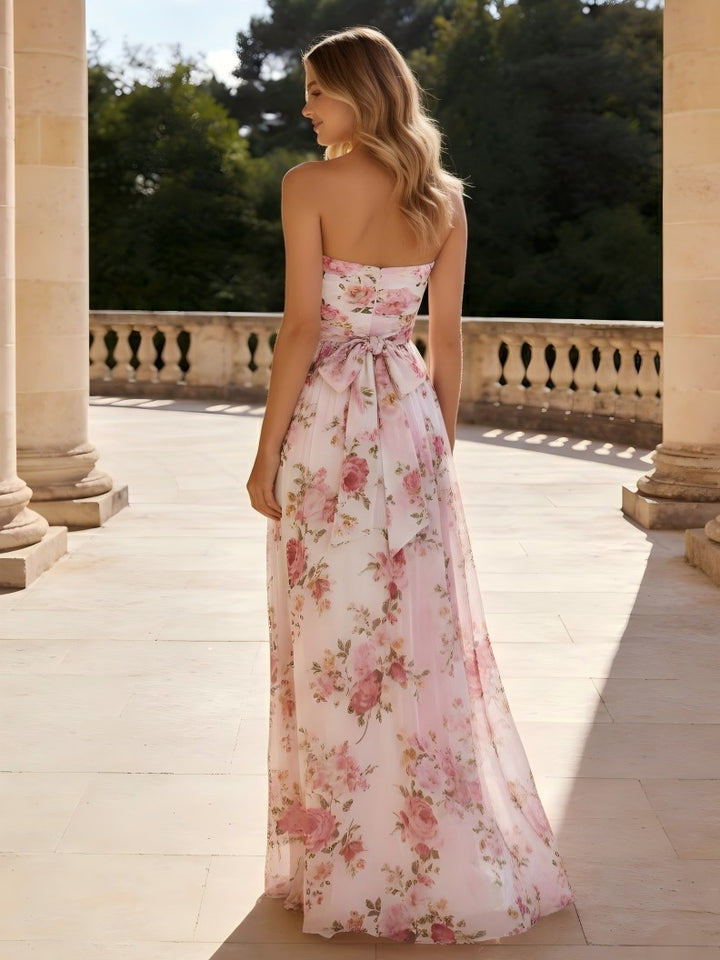 Strapless Pleated Floral Print A Line Formal Dresses