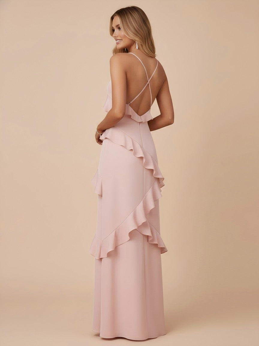 V Neck Spaghetti Straps Ruffles Chiffon Sheath Bridesmaid Dresses