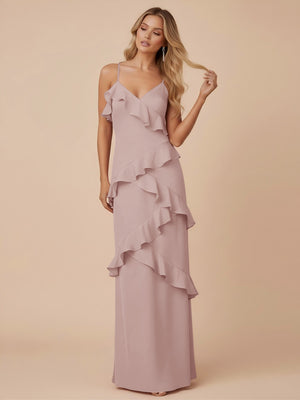 V Neck Spaghetti Straps Ruffles Chiffon Sheath Bridesmaid Dresses