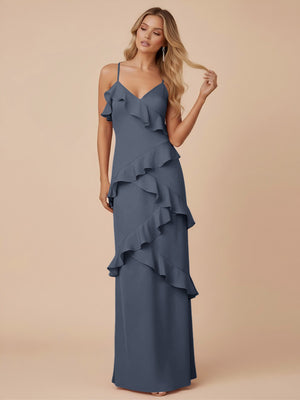 V Neck Spaghetti Straps Ruffles Chiffon Sheath Bridesmaid Dresses