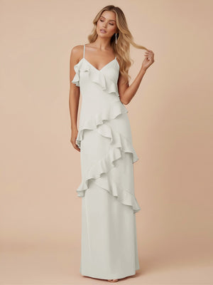 V Neck Spaghetti Straps Ruffles Chiffon Sheath Bridesmaid Dresses
