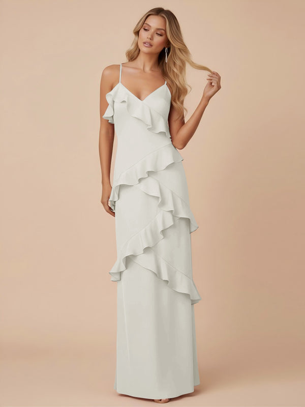 V Neck Spaghetti Straps Ruffles Chiffon Sheath Bridesmaid Dresses