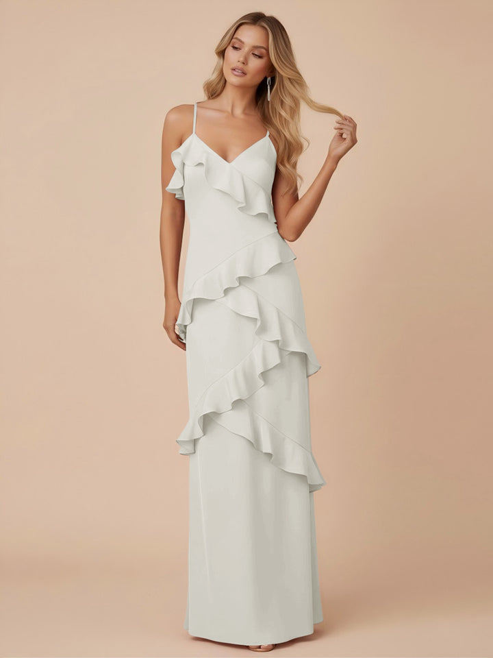 V Neck Spaghetti Straps Ruffles Chiffon Sheath Bridesmaid Dresses