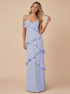 V Neck Spaghetti Straps Ruffles Chiffon Sheath Bridesmaid Dresses