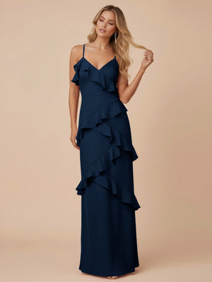 V Neck Spaghetti Straps Ruffles Chiffon Sheath Bridesmaid Dresses