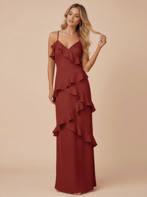 V Neck Spaghetti Straps Ruffles Chiffon Sheath Bridesmaid Dresses